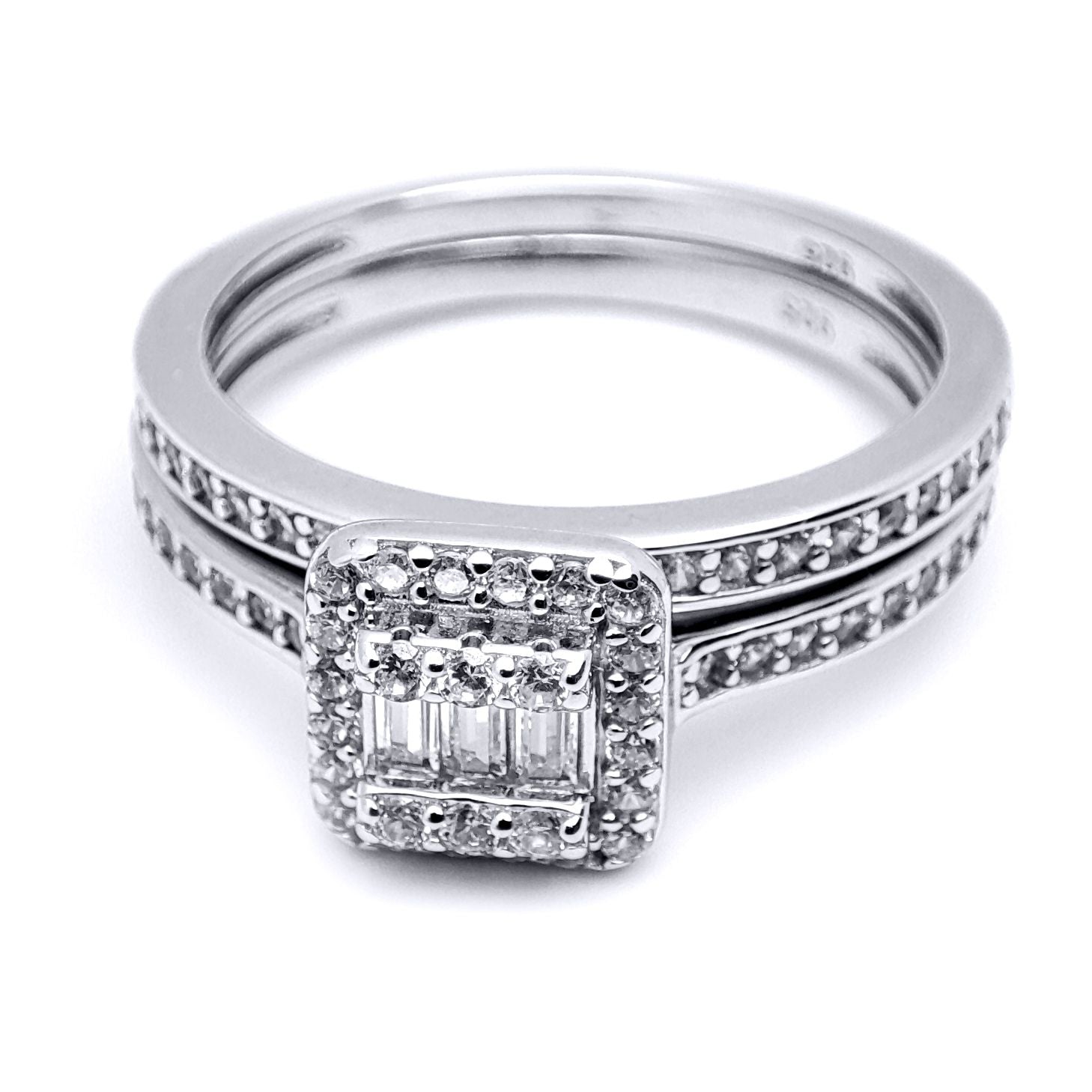 Silver  Baguette CZ Square Solitaire-style Wedfit Bridal Rings Set - ARN153