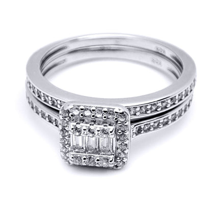 Silver  Baguette CZ Square Solitaire-style Wedfit Bridal Rings Set - ARN153