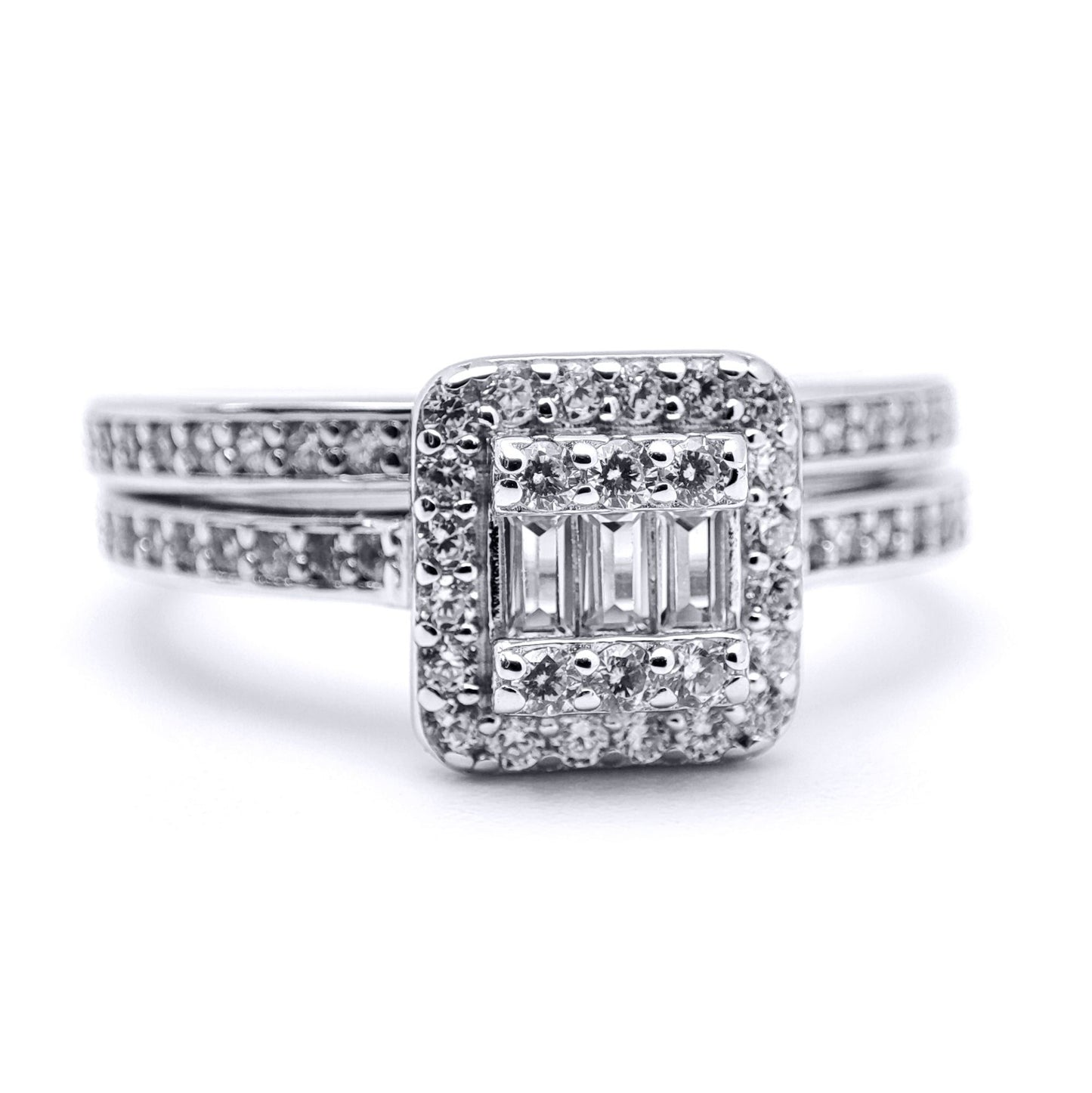 Silver  Baguette CZ Square Solitaire-style Wedfit Bridal Rings Set - ARN153