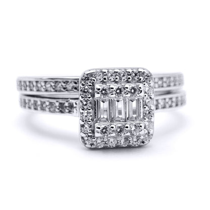 Silver  Baguette CZ Square Solitaire-style Wedfit Bridal Rings Set - ARN153