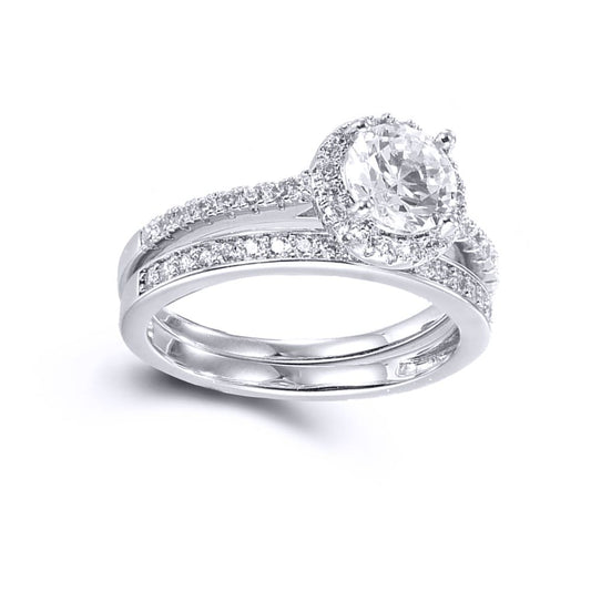 Silver  CZ Shoulder-set Halo Solitaire Wedfit Bridal Rings Set - ARN154