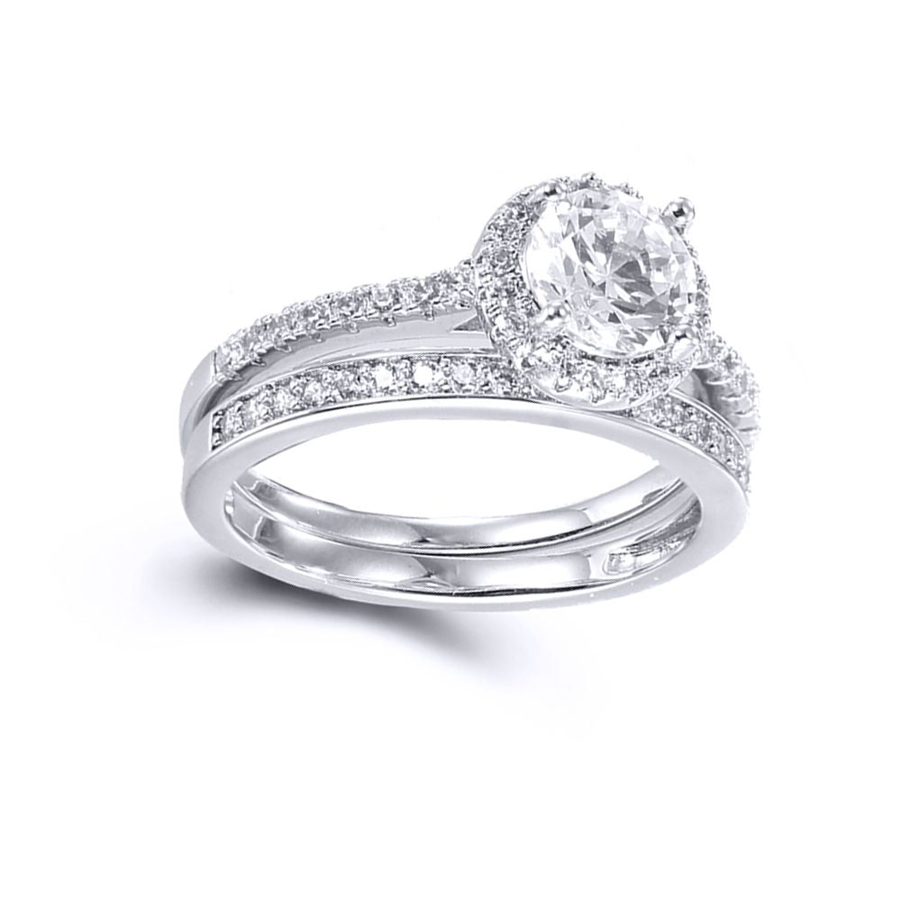 Silver  CZ Shoulder-set Halo Solitaire Wedfit Bridal Rings Set - ARN154