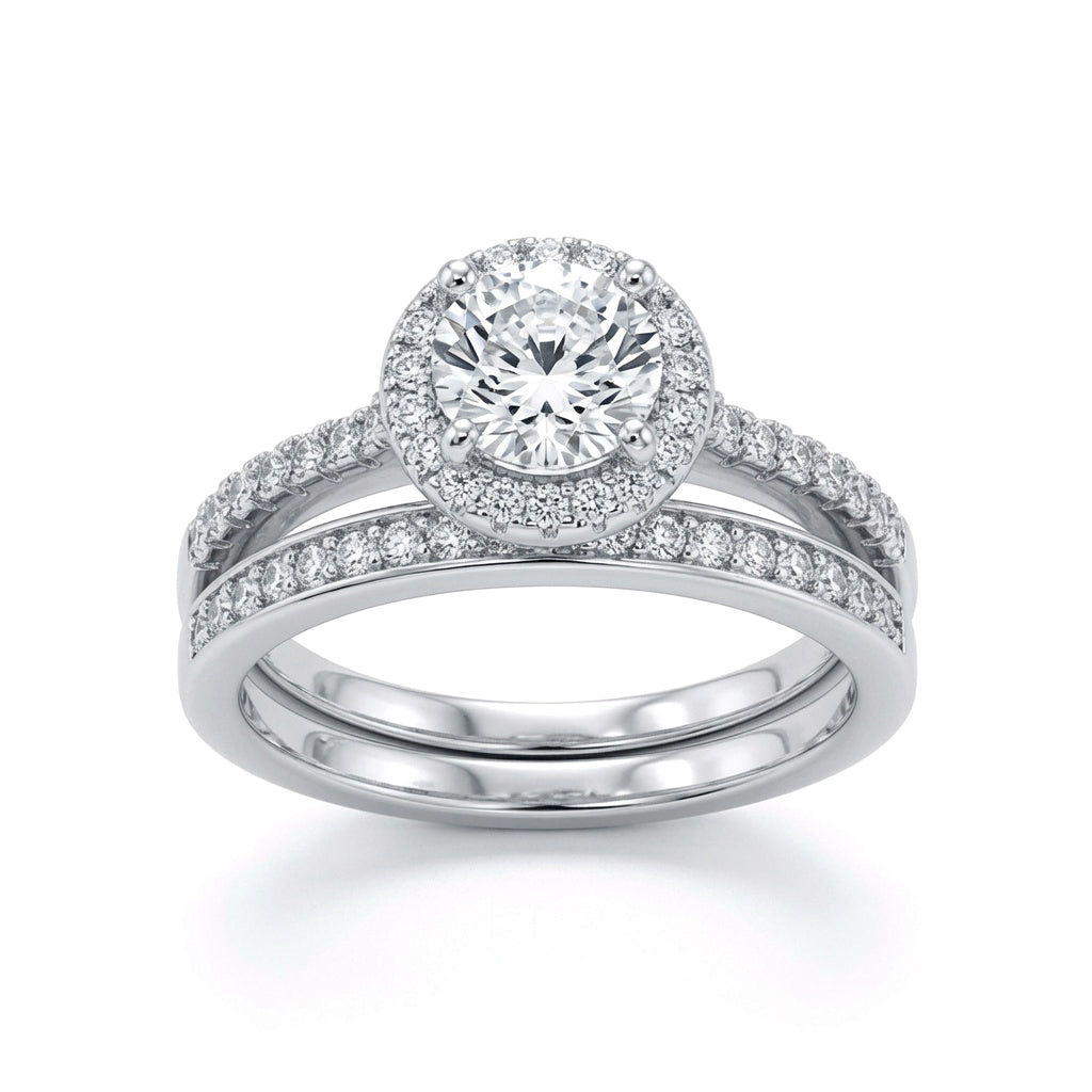Silver  CZ Shoulder-set Halo Solitaire Wedfit Bridal Rings Set - ARN154