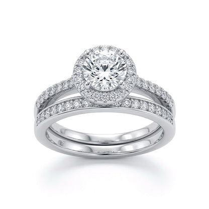 Silver  CZ Shoulder-set Halo Solitaire Wedfit Bridal Rings Set - ARN154