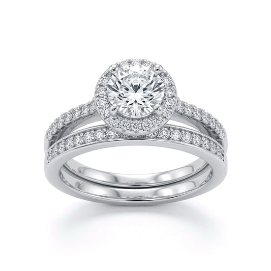 Silver  CZ Shoulder-set Halo Solitaire Wedfit Bridal Rings Set - ARN154