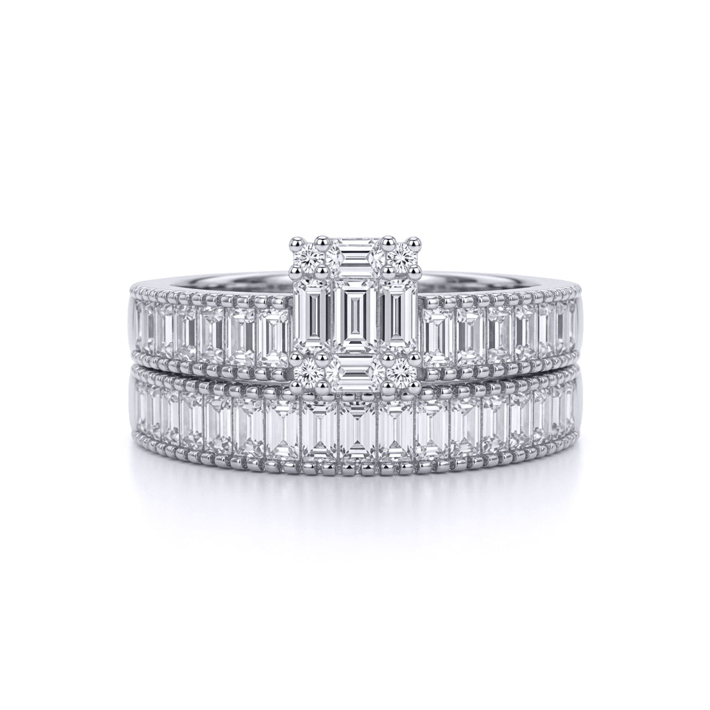 Silver  Baguette CZ Bridge Solitaire-style Wedfit Bridal Rings Set - ARN155