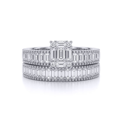 Silver  Baguette CZ Bridge Solitaire-style Wedfit Bridal Rings Set - ARN155