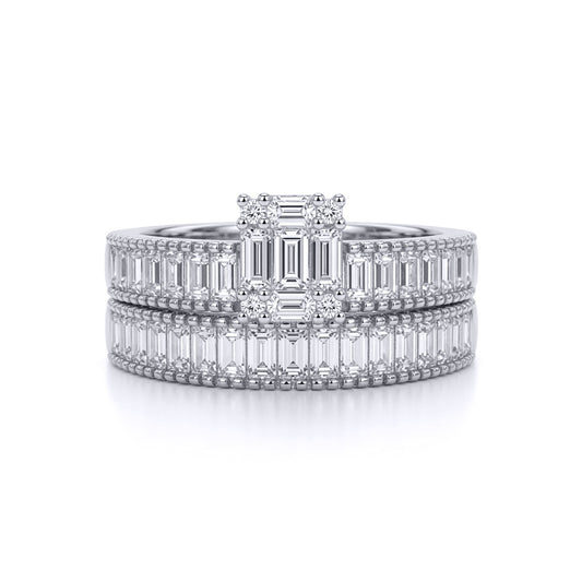 Silver  Baguette CZ Bridge Solitaire-style Wedfit Bridal Rings Set - ARN155