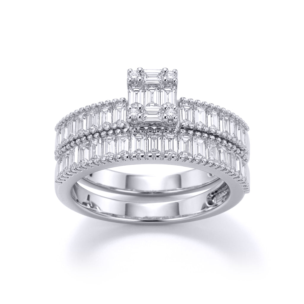 Silver  Baguette CZ Bridge Solitaire-style Wedfit Bridal Rings Set - ARN155