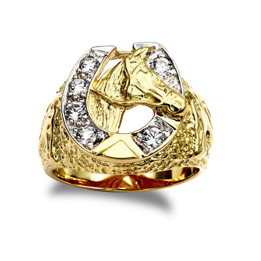 Gold-Plated Silver  CZ Carved Lucky Horse Shoe Head Cluster Ring - ARN169-GP