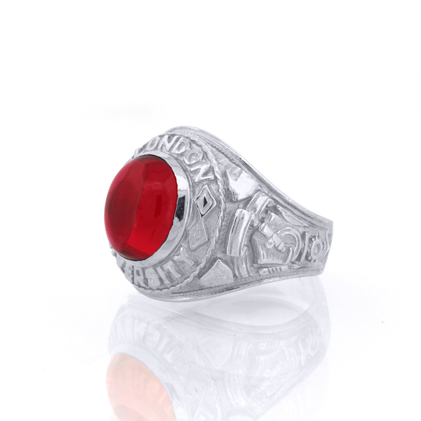 Silver  Red Oval Cabochon CZ London University College Ring - ARN170