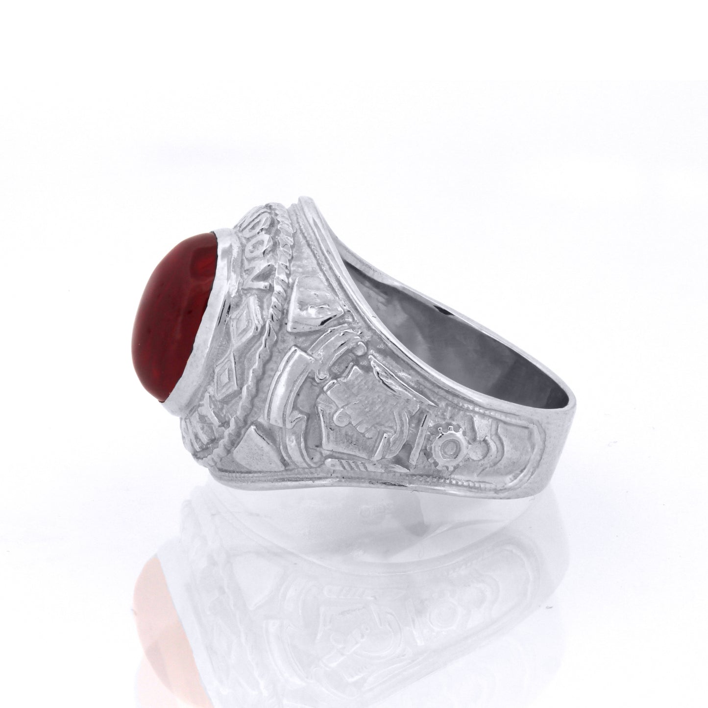 Silver  Red Oval Cabochon CZ London University College Ring - ARN170