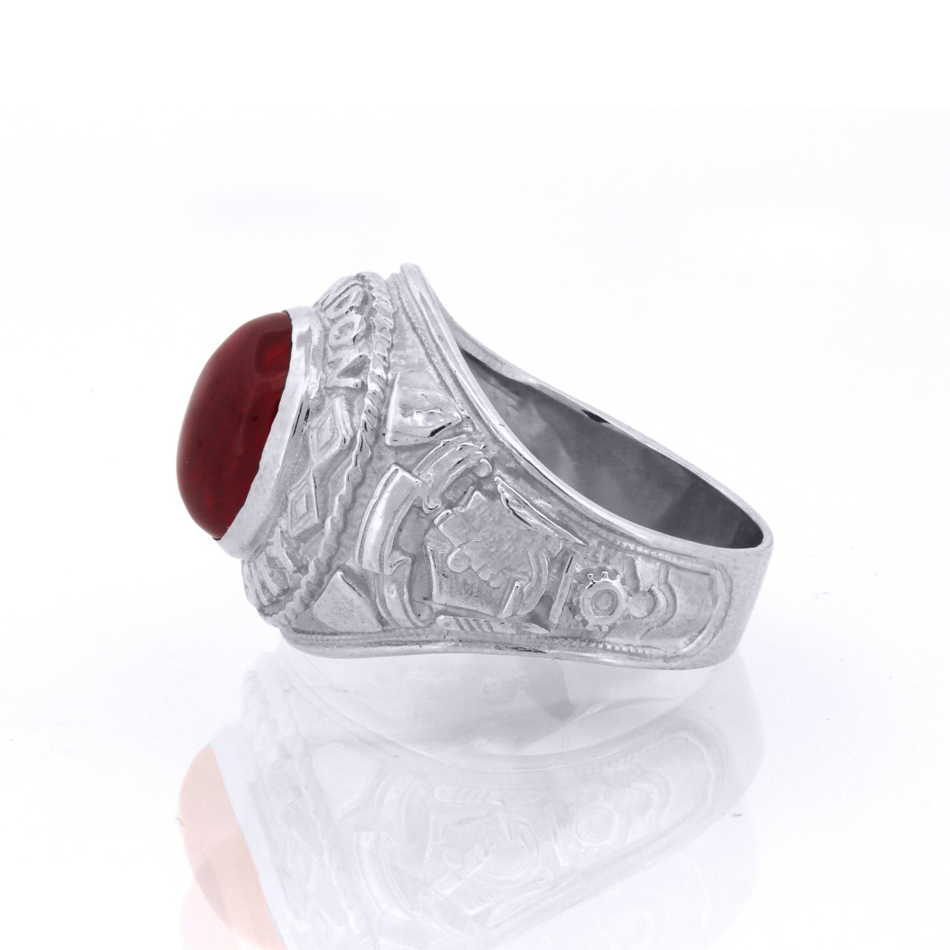 Silver  Red Oval Cabochon CZ London University College Ring - ARN170