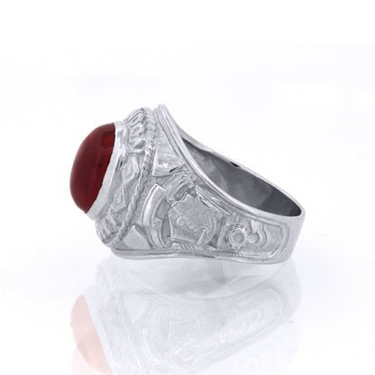 Silver  Red Oval Cabochon CZ London University College Ring - ARN170