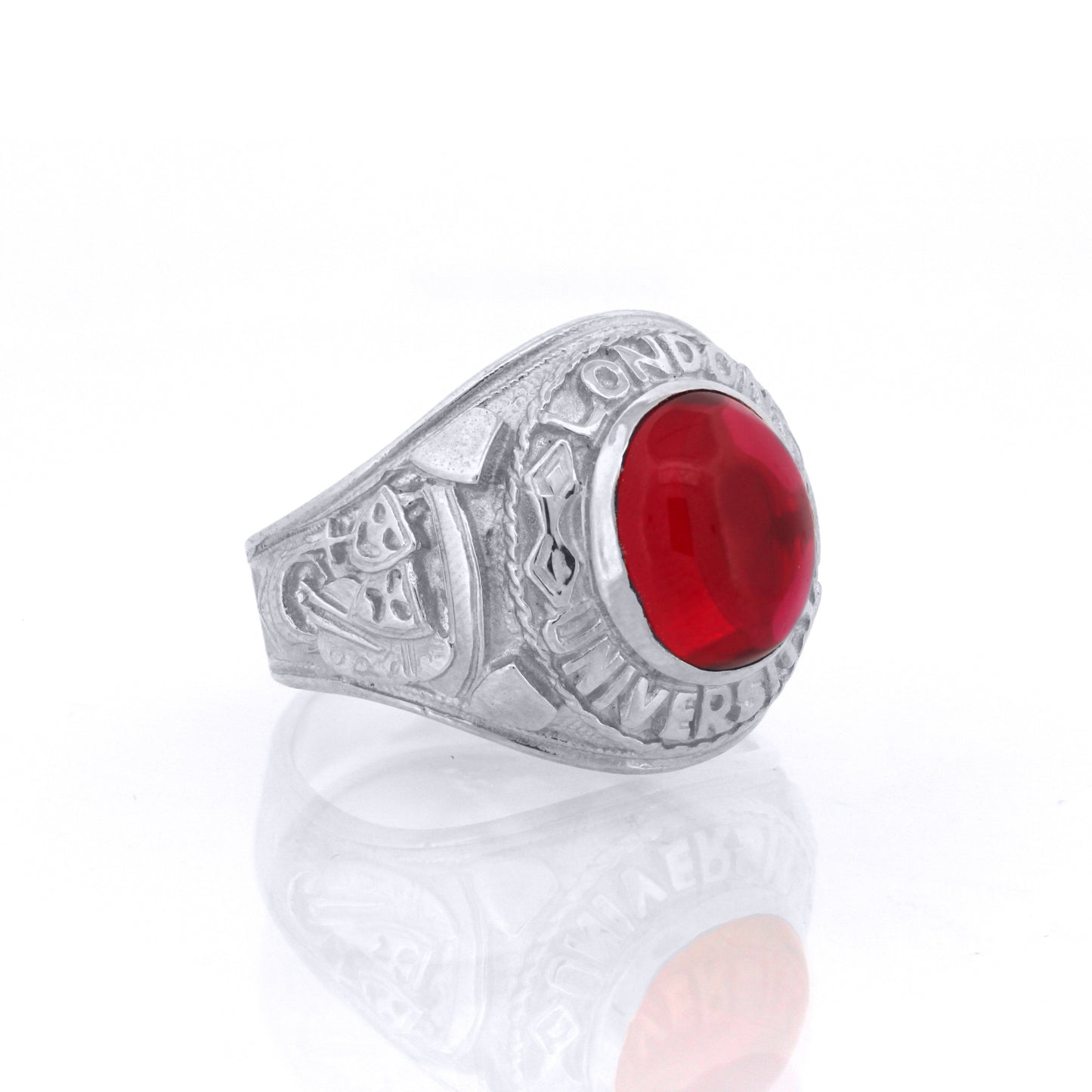 Silver  Red Oval Cabochon CZ London University College Ring - ARN170