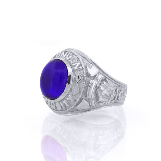 Silver  Blue Oval Cabochon CZ London College Ring - ARN171