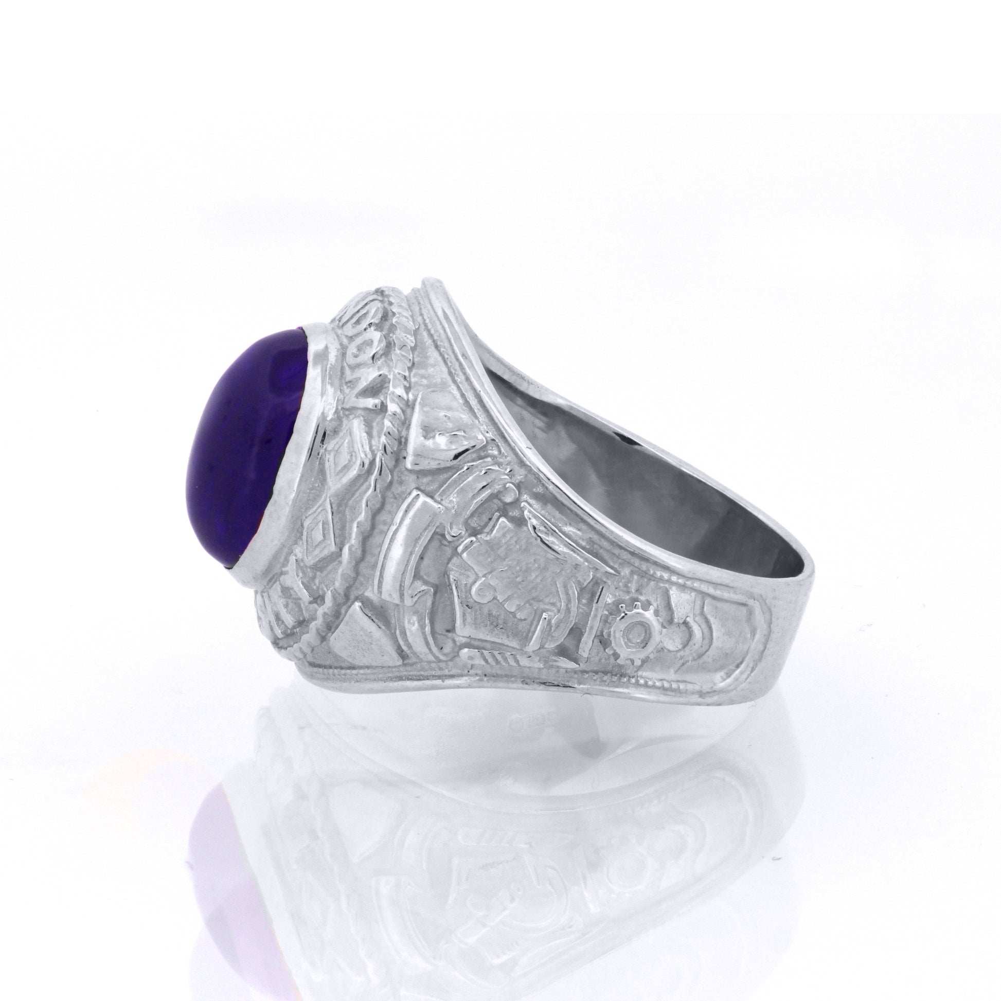 Silver  Blue Oval Cabochon CZ London College Ring - ARN171