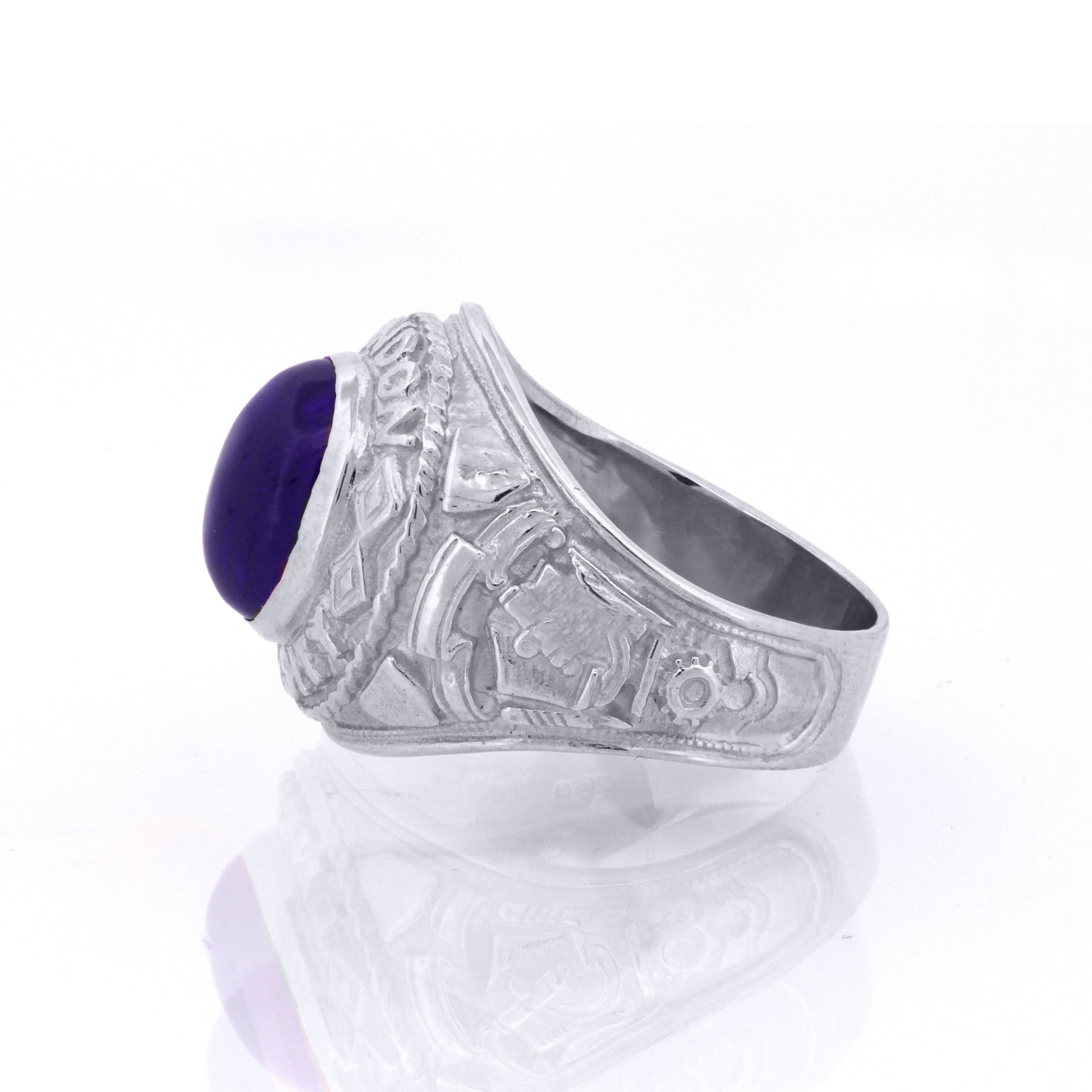 Silver  Blue Oval Cabochon CZ London College Ring - ARN171