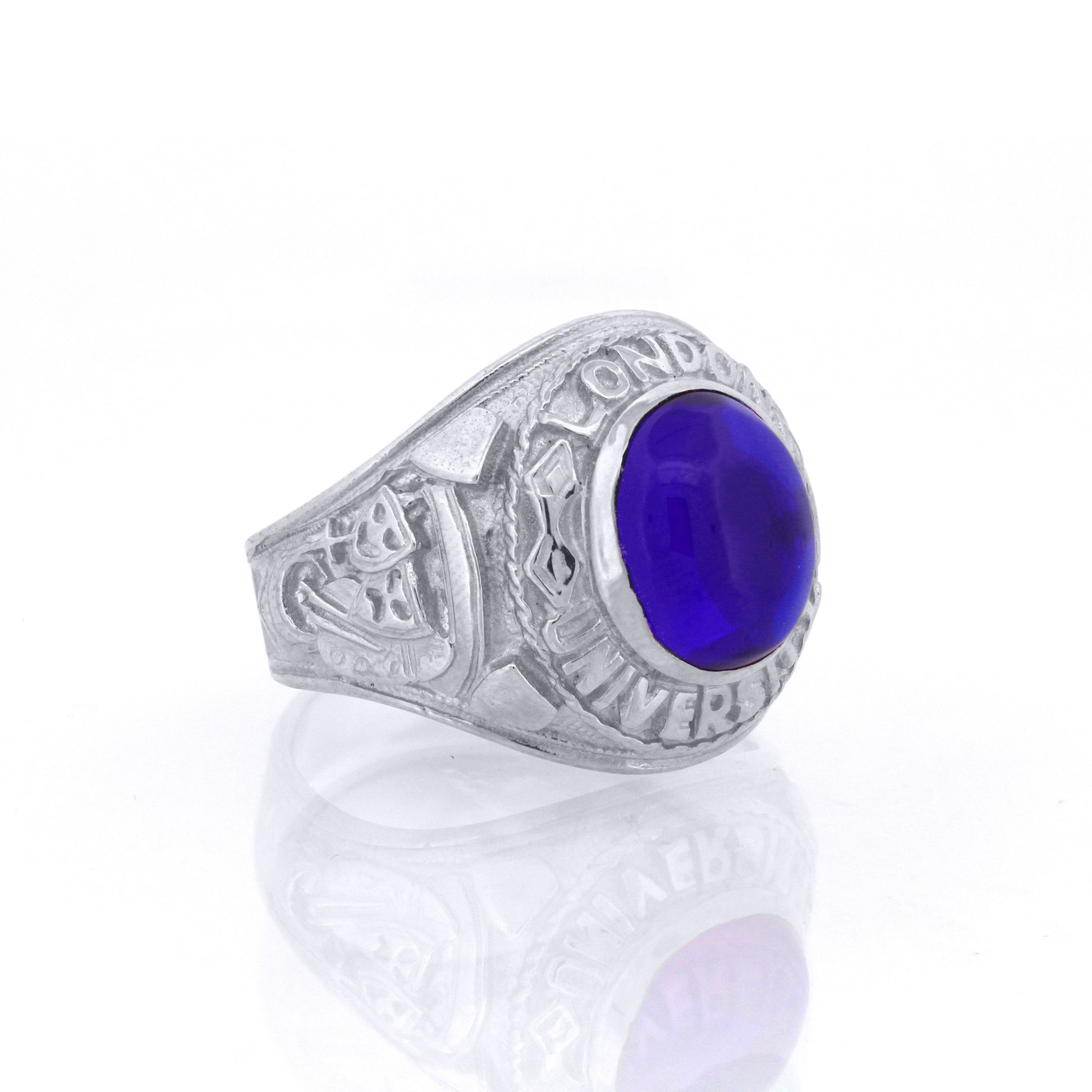 Silver  Blue Oval Cabochon CZ London College Ring - ARN171