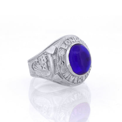 Silver  Blue Oval Cabochon CZ London College Ring - ARN171