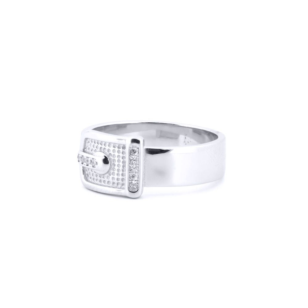 Unisex Silver  Round CZ Hammered Belt Buckle Ring - ARN176