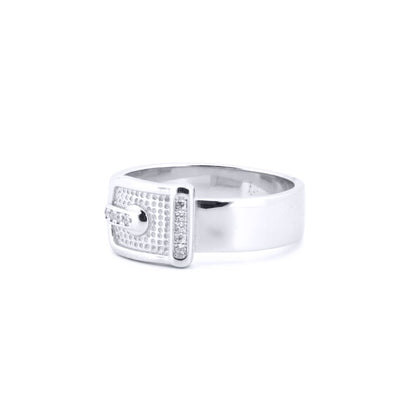 Unisex Silver  Round CZ Hammered Belt Buckle Ring - ARN176
