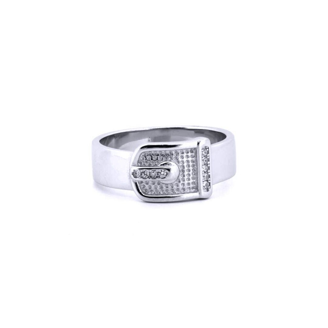 Unisex Silver  Round CZ Hammered Belt Buckle Ring - ARN176