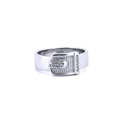 Unisex Silver  Round CZ Hammered Belt Buckle Ring - ARN176