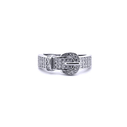 Unisex Silver  Round CZ Encrusted Belt Buckle Ring - ARN180