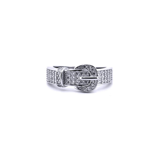Unisex Silver  Round CZ Encrusted Belt Buckle Ring - ARN180