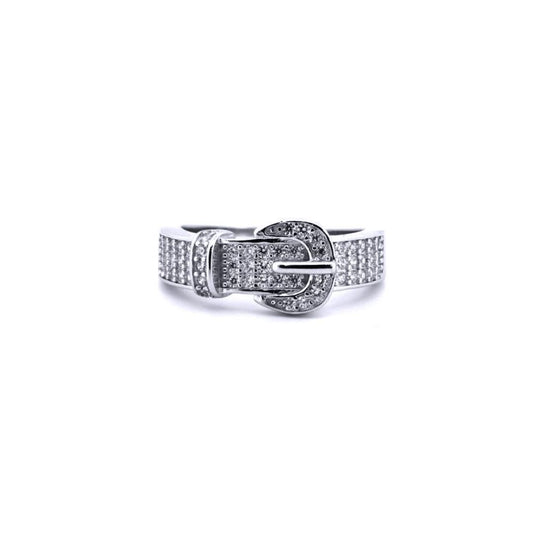 Unisex Silver  Round CZ Encrusted Belt Buckle Ring - ARN180