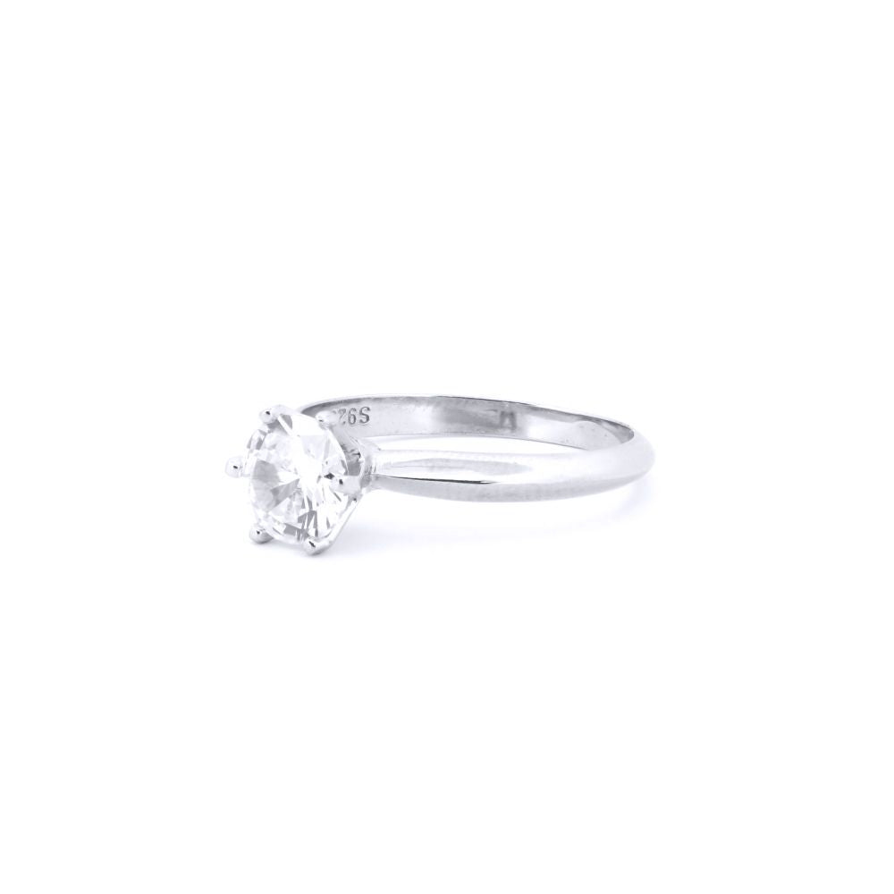 Silver  Round CZ 6 Claw Solitaire Ring - ARN181