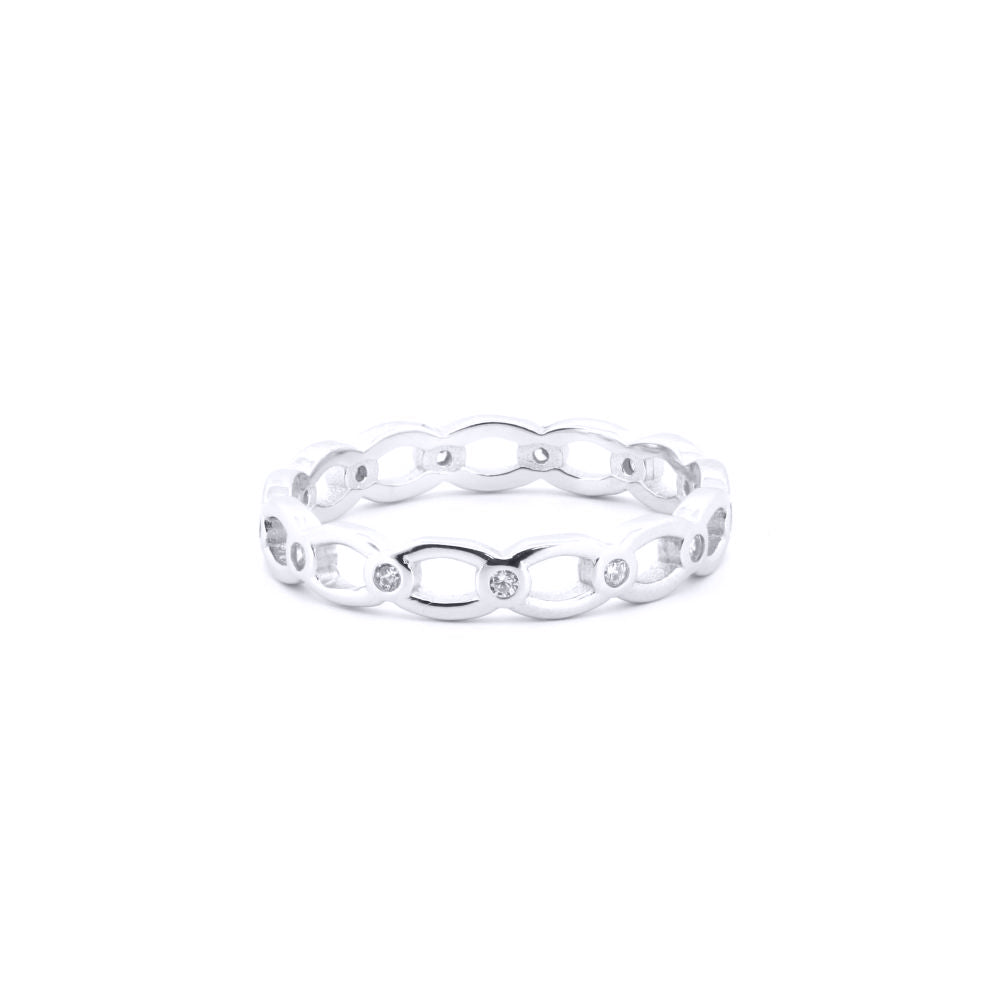 Unisex Silver  Round CZ Station Oval Link Chain Ring - ARN184