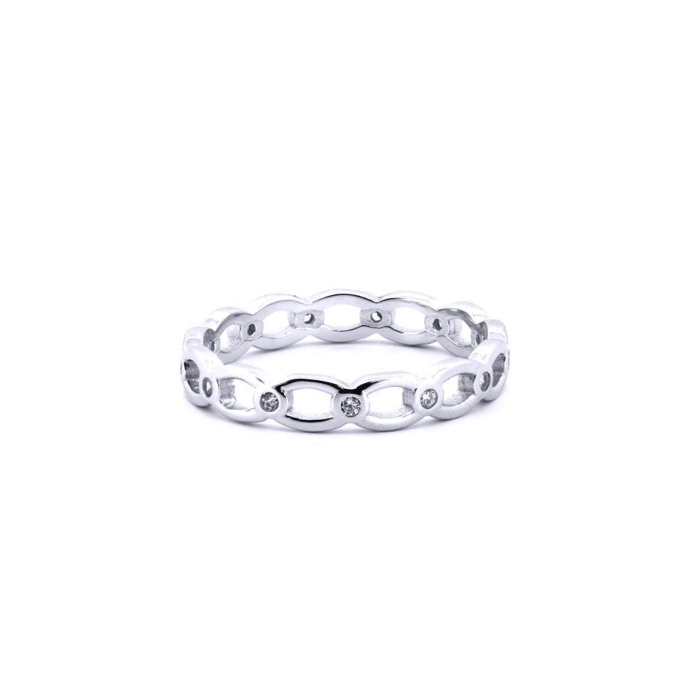 Unisex Silver  Round CZ Station Oval Link Chain Ring - ARN184