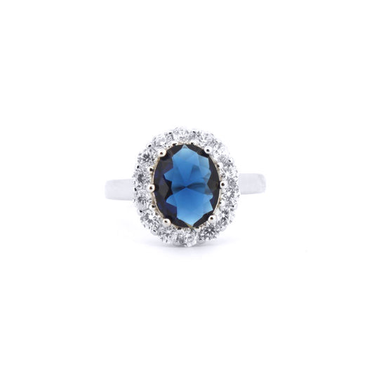 Silver  Blue Oval CZ Royal Princess Kate Cluster Ring - ARN186