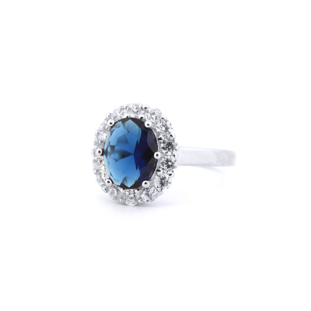 Silver  Blue Oval CZ Royal Princess Kate Cluster Ring - ARN186