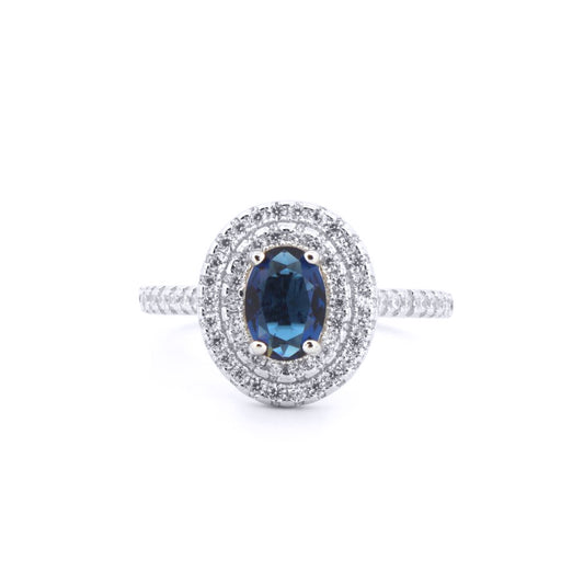 Silver  Blue Oval CZ Double Tier Halo Shoulder-set Cluster Ring - ARN187B