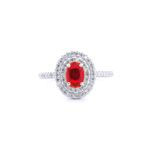 Silver  Red Oval CZ Double Tier Halo Shoulder-set Cluster Ring - ARN187R