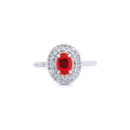 Silver  Red Oval CZ Double Tier Halo Shoulder-set Cluster Ring - ARN187R