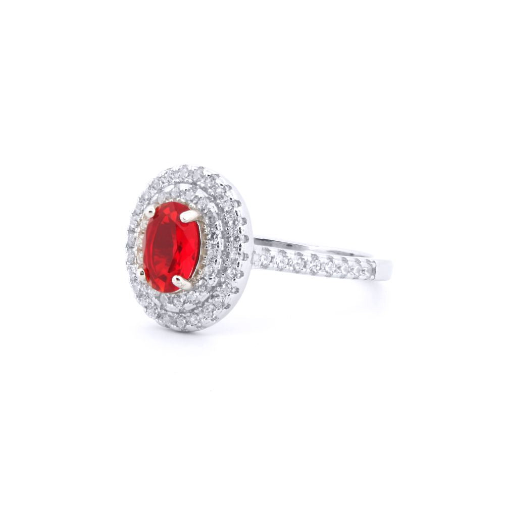 Silver  Red Oval CZ Double Tier Halo Shoulder-set Cluster Ring - ARN187R