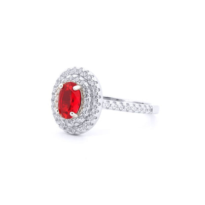 Silver  Red Oval CZ Double Tier Halo Shoulder-set Cluster Ring - ARN187R