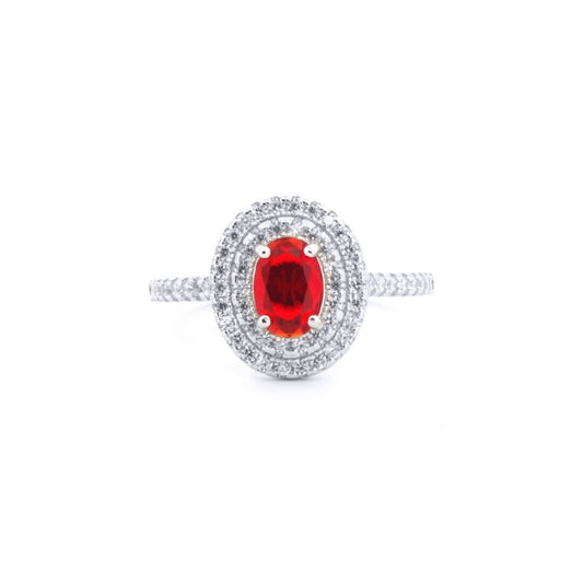 Silver  Red Oval CZ Double Tier Halo Shoulder-set Cluster Ring - ARN187R