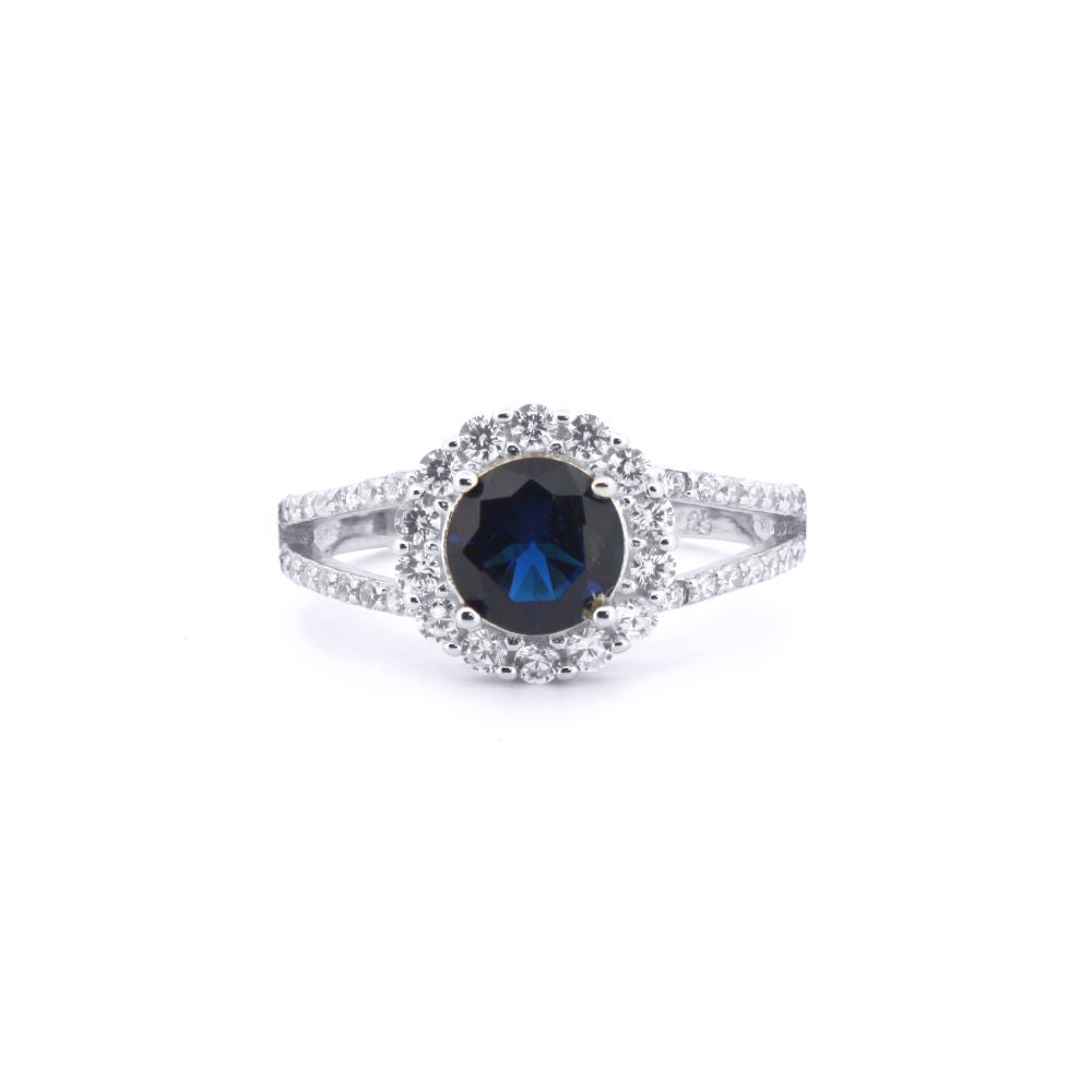 Silver  Blue CZ Split Shoulder Halo Solitaire Cluster Ring - ARN188B