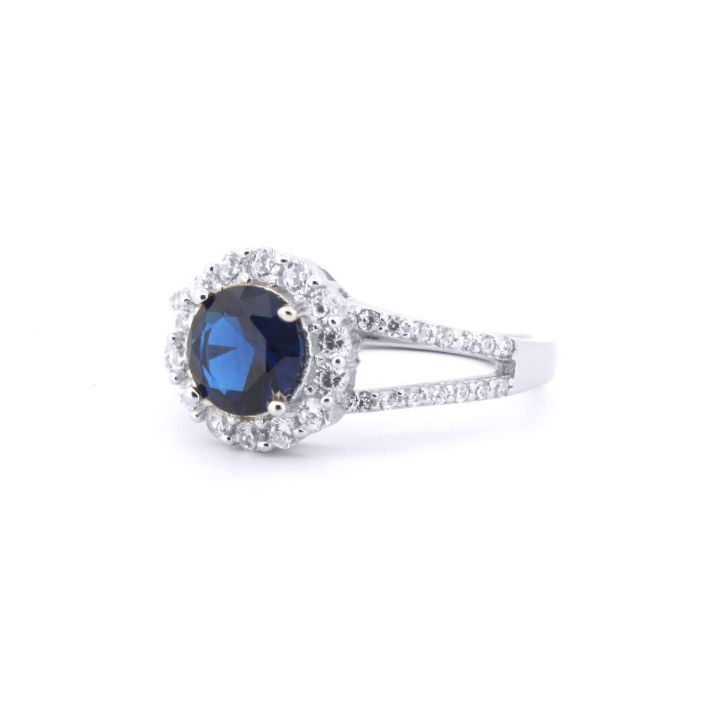 Silver  Blue CZ Split Shoulder Halo Solitaire Cluster Ring - ARN188B