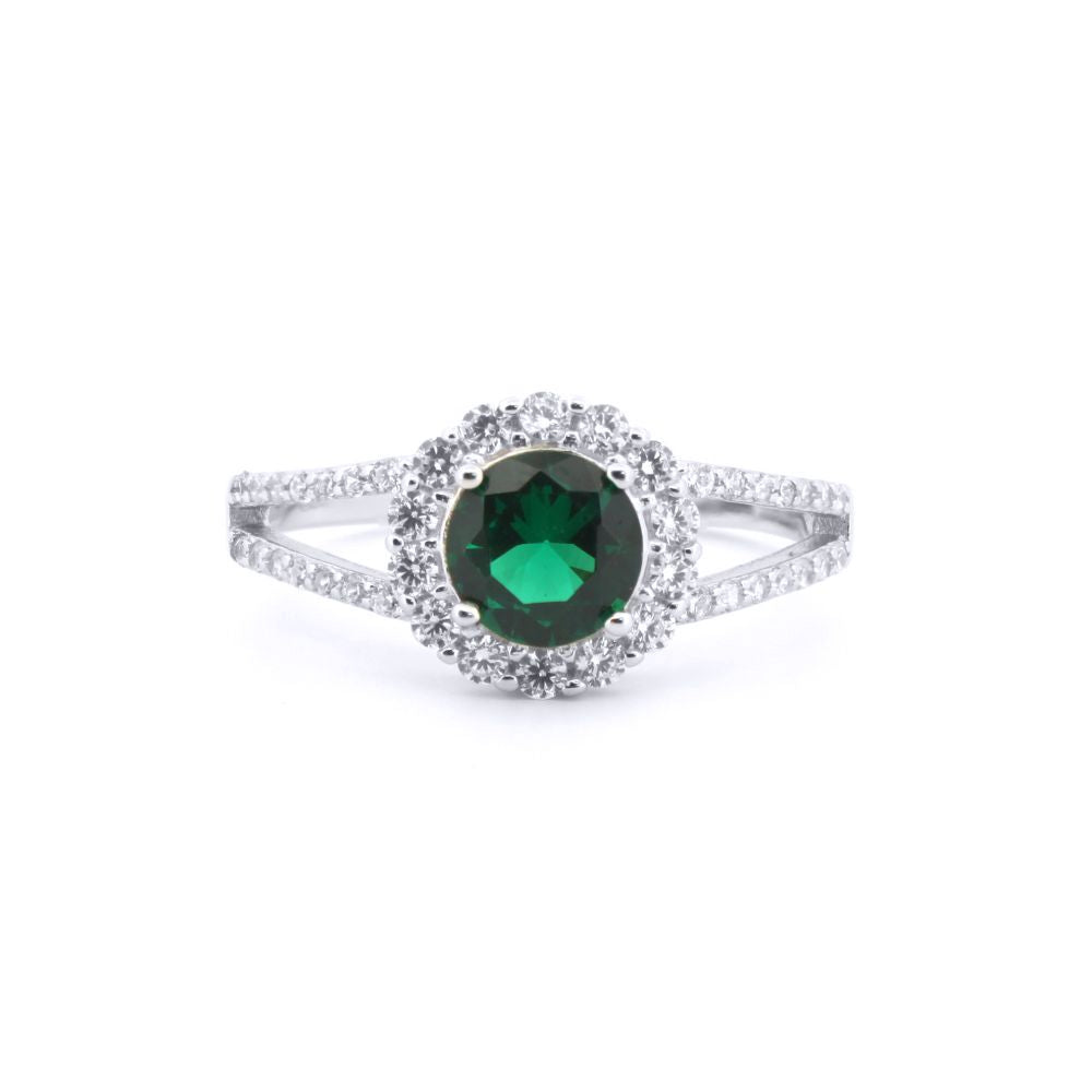 Silver  Green CZ Split Shoulder Halo Solitaire Cluster Ring - ARN188G
