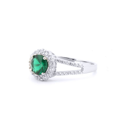 Silver  Green CZ Split Shoulder Halo Solitaire Cluster Ring - ARN188G