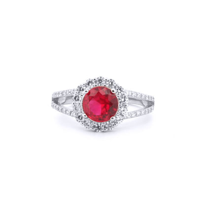 Silver  Red CZ Split Shoulder Halo Solitaire Cluster Ring - ARN188R