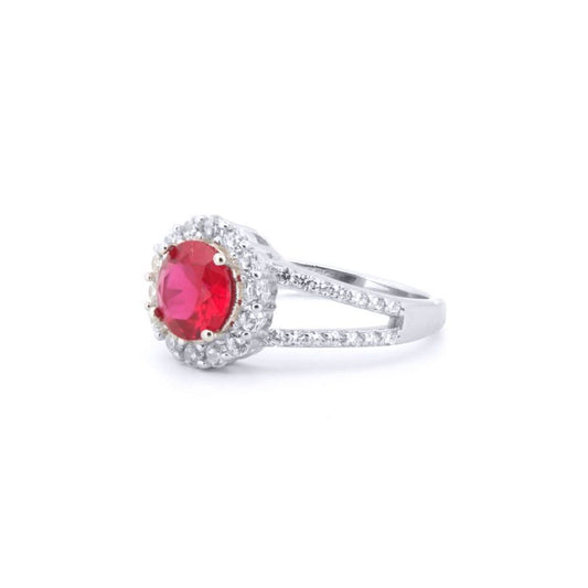 Silver  Red CZ Split Shoulder Halo Solitaire Cluster Ring - ARN188R