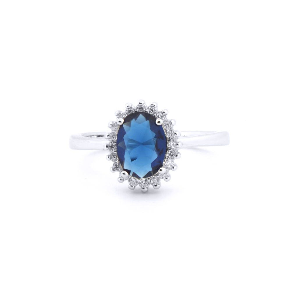 Silver  Blue Oval CZ Royal Princess Kate Majestic Cluster Ring - ARN189B