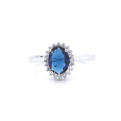 Silver  Blue Oval CZ Royal Princess Kate Majestic Cluster Ring - ARN189B